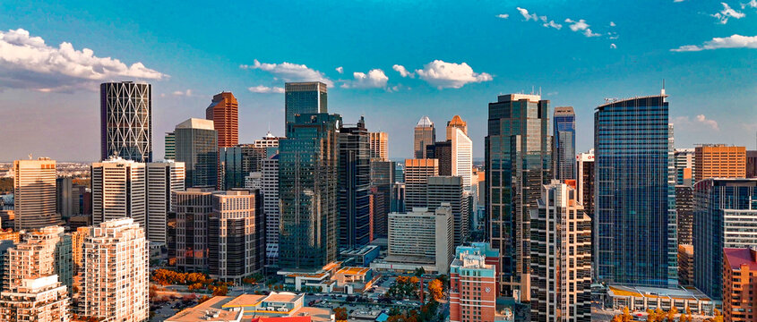 Calgary, Alberta - July 10, 2024: Aerial view of Calgary skyline on a beautiful summer sunset, Alberta - Canada