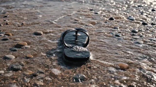 A serene close-up shot captures a single dark flip-flop partially submerged in the gentle ebb and flow of ocean waves on a sun-kissed beach. Foamy white ripples caress the textured surface of the foot