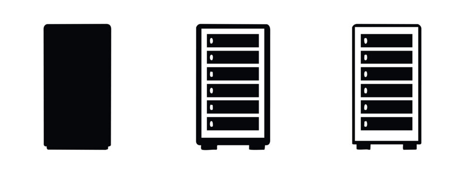 Server Rack and Computer Tower Icon Set, Data Center Hardware Symbol, IT Infrastructure Signs in Different Styles