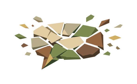 Low-poly vector illustration of fragmented chat bubble pieces settling after the pop, angular speech bubble shards dispersing