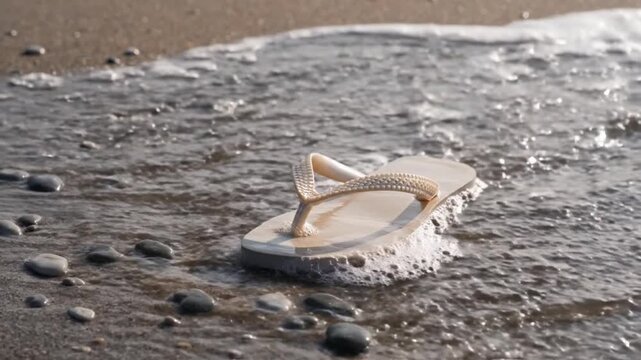A serene close-up shot captures a solitary, light-colored flip-flop resting on the sandy shoreline as gentle ocean waves softly wash over it. The scene evokes a tranquil sense of summer vacation, rela