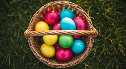Obraz premium Colorful Easter eggs in woven basket on green grass