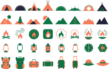 Set of various flat vector icons representing camping equipment and outdoor nature adventure themes Vector © Orpita