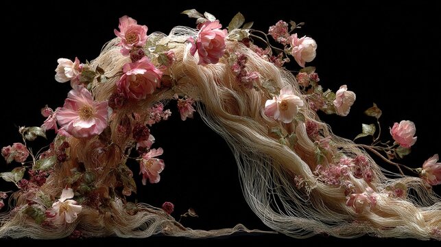 Flowing hair braid entwined with pink roses on black background