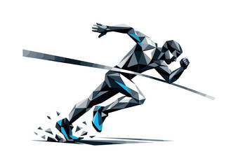 Fototapeta premium Low-poly vector illustration of a runner approaching the finish line, angular faceted body leaning forward with triangular