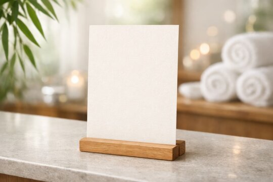 Blank white menu sign mockup on a spa reception desk. Empty table tent display with blurred towels and candles in the background