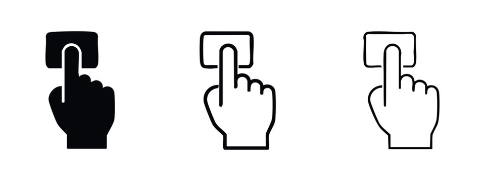 Hand pressing button icon set. Finger pushing a rectangular user interface element symbol.