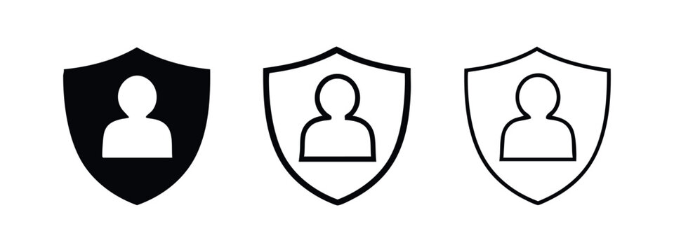User security shield icon set. Person profile inside a protective shield symbol.
