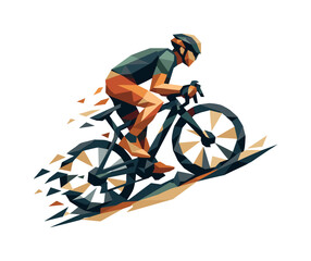 Naklejka premium Polygonal Cyclist Ascent. Low-poly vector illustration of a cyclist climbing a mountain, faceted athlete figure built from sharp