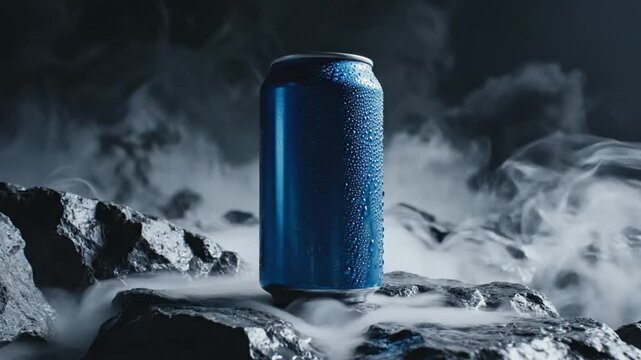 A sleek, chilled blue beverage can stands prominently amidst a dramatic landscape of dark, textured rocks, enveloped by an ethereal, swirling mist or cold vapor. Droplets of condensation glisten on th