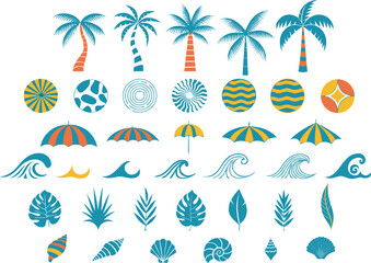 Obraz premium Collection of decorative summer vacation icons featuring palm trees waves shells and beach gear Vector