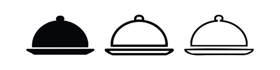 Fototapeta premium Round serving cloche or food cover icon set in three styles, isolated on white background. Vector illustration for design.
