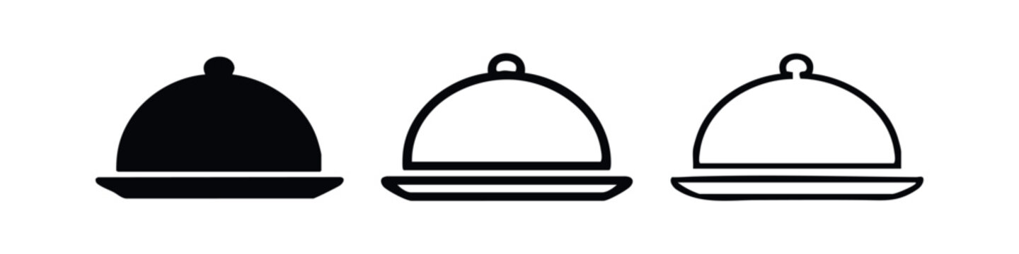 Round serving cloche or food cover icon set in three styles, isolated on white background. Vector illustration for design.