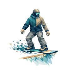 Obraz premium Low-poly vector illustration of a snowboarder stabilizing after a halfpipe launch, angular faceted body upright with crisp