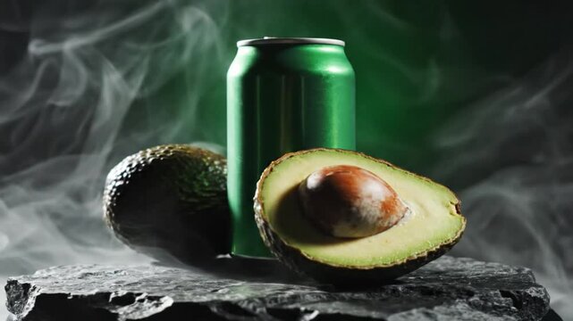 A sleek, generic green beverage can is prominently displayed alongside a fresh whole avocado and a halved avocado, revealing its vibrant green flesh and distinctive large seed. The items are meticulou