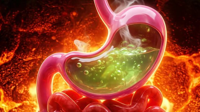 3D animation of a human stomach with bubbling green acid and steam on a fiery orange background representing heartburn, indigestion, acid reflux, and digestive system inflammation.