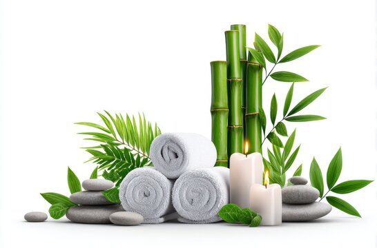 Spa towels rolled with candles and stones on white
