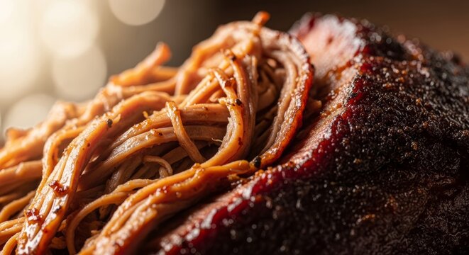 Close-up of succulent pulled pork with spices in soft lighting
