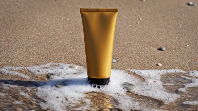 A sleek, unbranded golden product tube stands resiliently on a pristine, sun-drenched sandy beach. Foamy ocean waves gently ebb and flow around the base of the container, highlighting its placement in