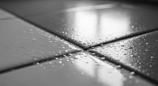 Close-up of wet ceramic tiles with water droplets in modern bathroom