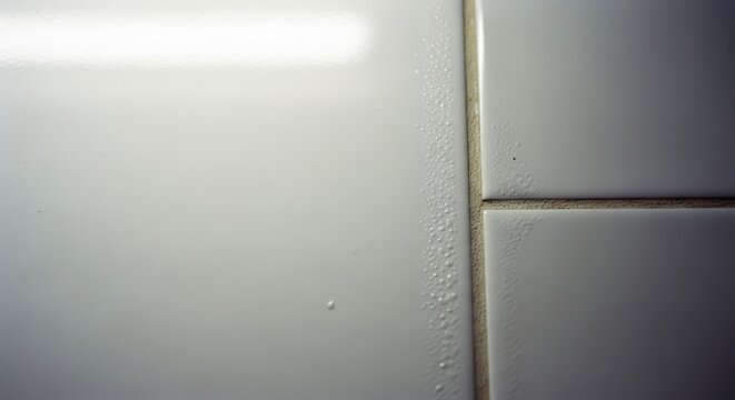 Close-up of a white tiled wall with grout lines and condensation