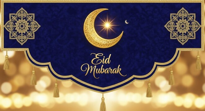 Eid Mubarak celebration banner with crescent moon and lanterns on dark blue background