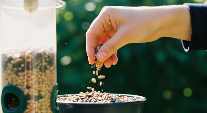 Hand pouring birdseed into a backyard feeder in sunny garden