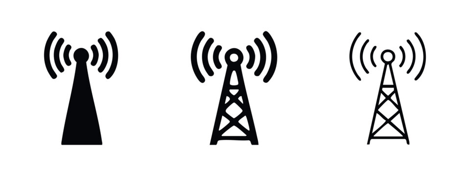 Simple radio cell tower icon set. Stylized communication antenna vector symbols.
