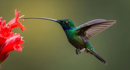 Obraz premium A long-billed hummingbird with iridescent green feathers hovers to sip nectar from a vivid red tropical flower, showcasing nature's delicate aerial grace