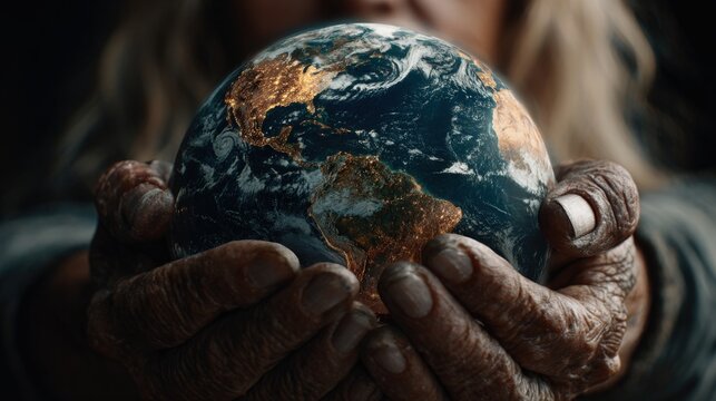 Aged hands holding illuminated earth globe in dark background