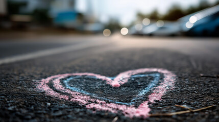 Obraz premium Heart painted on pavement surface, simple romantic urban street symbol concept, defocused background, with copy space