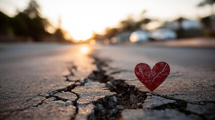 Fototapeta premium Painted heart on cracked asphalt road at sunset, solitary red heart standing out on broken pavement leading to sunlit horizon concept, defocused background, with copy space