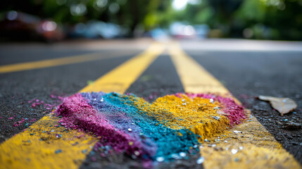 Fototapeta premium Vibrant rainbow heart drawn in chalk on asphalt framed by yellow road markings, love and inclusivity celebration concept, defocused background, with copy space