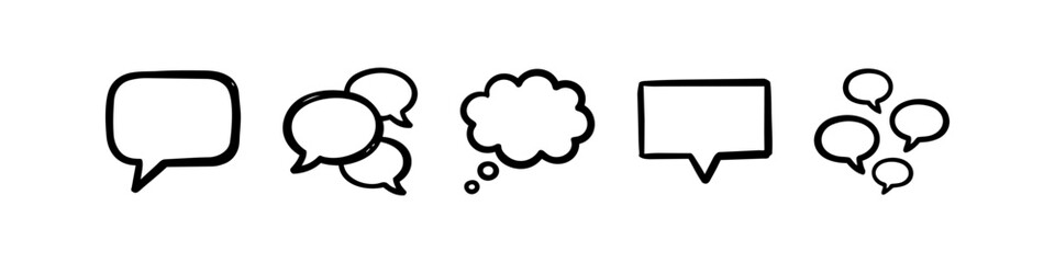 Naklejka premium Hand-drawn collection of black and white speech and thought bubbles. Comic style dialogue icons for social media, brainstorming, and creative communication on a white background.