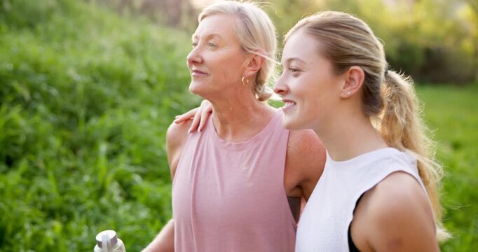 Fitness, hug or walking with mother and daughter outdoor in summer for cardio or marathon training. Conversation, exercise or water with mature parent and woman in forest for start of workout