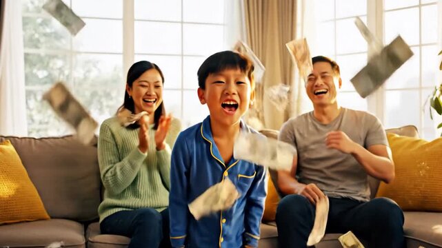 An excited Asian child celebrates winning a board game with parents at home. Play money flies in the air as the family laughs together. A heartwarming moment of joy.