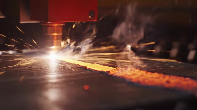 Laser cutting machine precisely cuts a metal sheet. Bright sparks and smoke emanate from the cutting point. This is an industrial manufacturing process.