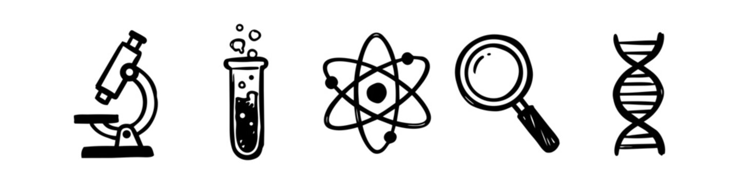 Set of hand-drawn science icons including a microscope, test tube, atom, magnifying glass, and DNA helix. Minimalist black doodle style on white background for research and education.