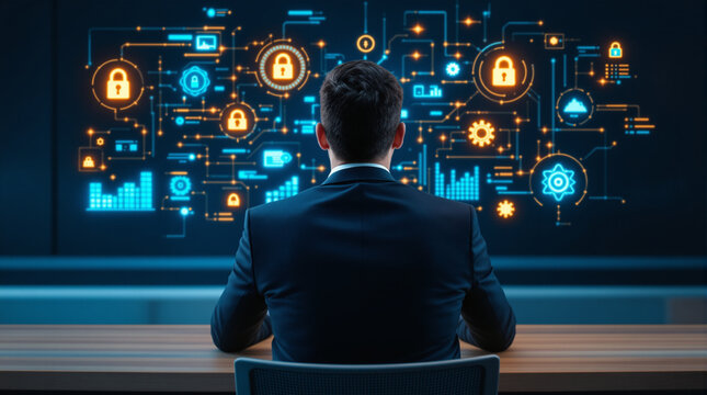 Data governance and compliance solutions concept. IT professional implementing security policies and data quality on a digital dashboard.