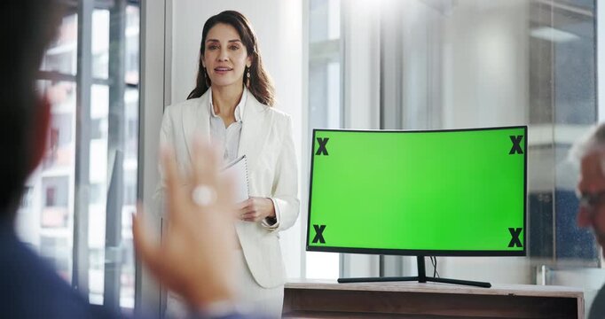 Computer, green screen and presentation with finance team in office for financial forecasting. Business people, tracking markers and tech with chroma key for capital allocation for company investment