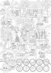Fototapeta premium Vector black and white searching game with garden landscape. Find objects. Spot hidden plant, flower, bee, cat, chick. Line seek and find printable activity for kids. Spring worksheet, coloring page