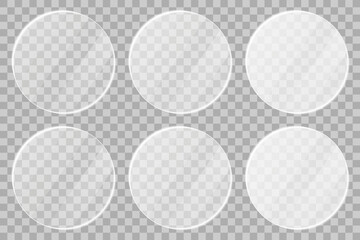 Round glass frames collection. Realistic glass frames with borders, glare, light reflections, and semi-transparent texture. Glassmorphism UI design elements for modern apps and dashboards. Vector