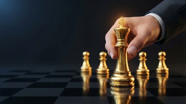 Businessman Hand Placing Golden Chess King Piece on Chessboard - Leadership Strategy Decision Making Business Success Power and Corporate Chess Game Concept