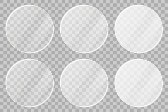 Round glass frames collection. Realistic glass frames with borders, glare, light reflections, and semi-transparent texture. Glassmorphism UI design elements for modern apps and dashboards. Vector