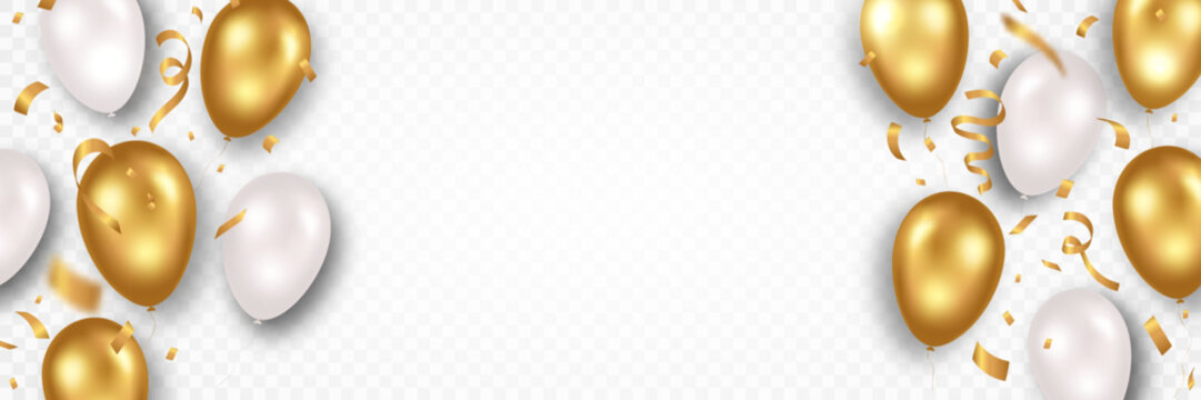 Golden and white flying balloons with sparkles and confetti. Happy birthday, celebration background template. Shiny and glossy balloons with golden foil confetti on transparent background. Vector