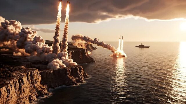 Stormy Weather Coastal Defense Battery Firing Missiles