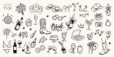 Bride Bachelorette Party Doodle Collection with Wedding, Drinks, Fashion and Celebration Elements © Bohdan