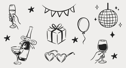 Hand drawn birthday party doodles set with champagne glasses, gift box, balloons, disco ball and festive elements isolated on white background