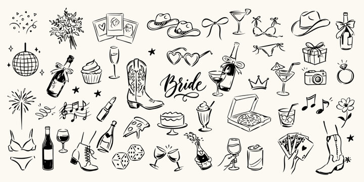 Bride Bachelorette Party Doodle Collection with Wedding, Drinks, Fashion and Celebration Elements