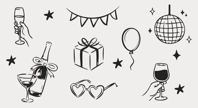 Hand drawn birthday party doodles set with champagne glasses, gift box, balloons, disco ball and festive elements isolated on white background